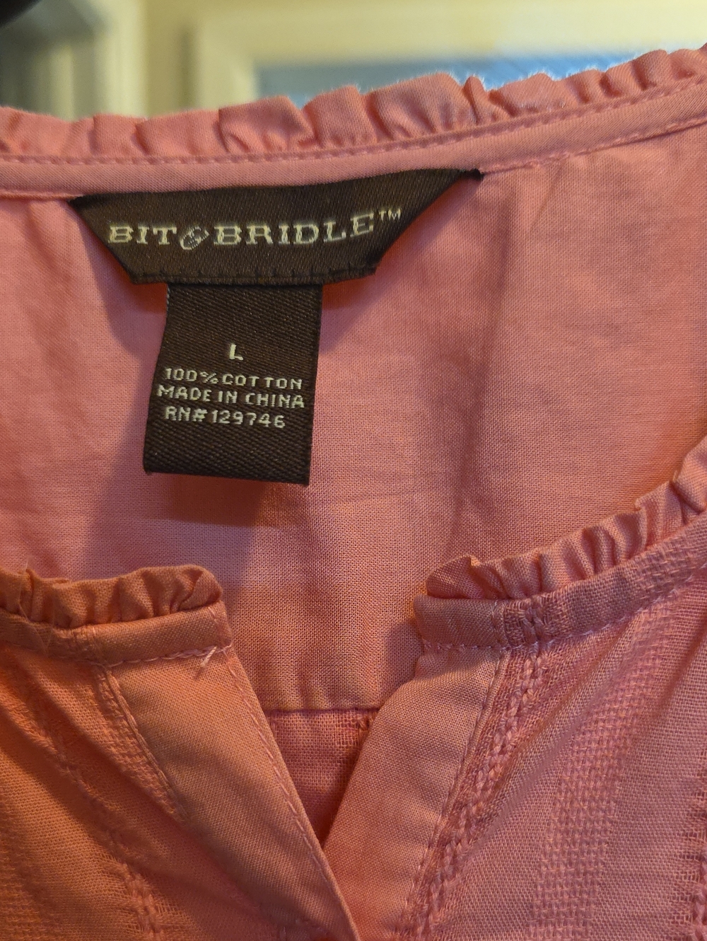 Bit & Bridle Embroidered Blouse Shirt Top 100% Cotton L Pink Flowy Roomy Relaxed - Picture 2 of 11